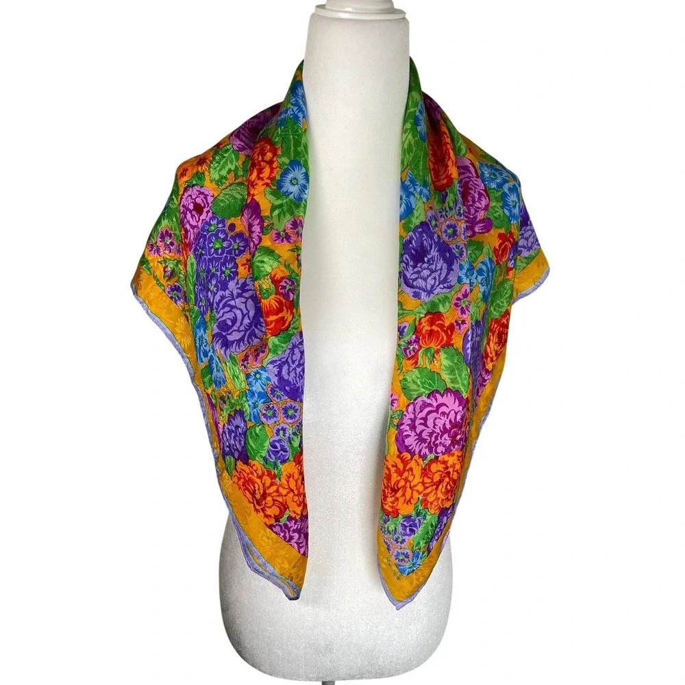 Albert Nipon Vintage Floral Jacquard Silk Square Scarf Gold Purple Hand Rolled‎